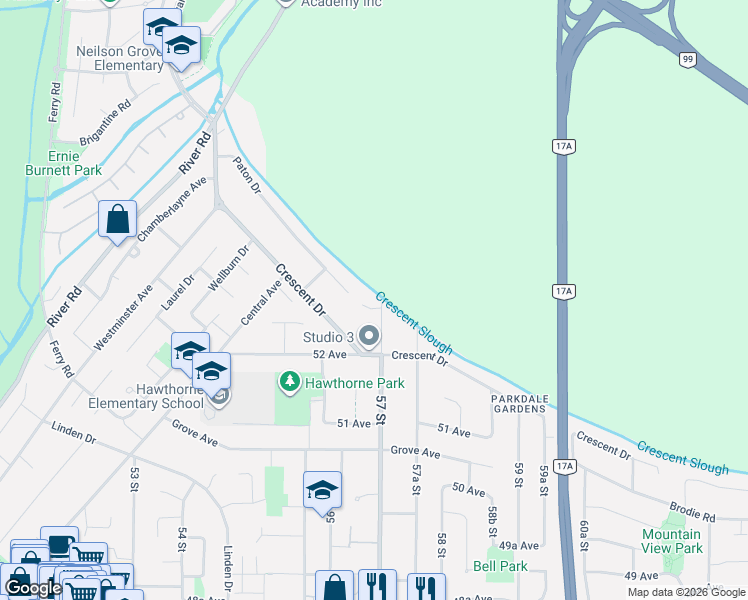map of restaurants, bars, coffee shops, grocery stores, and more near 5287 57 Street in Delta