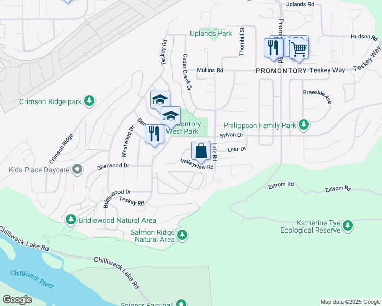 map of restaurants, bars, coffee shops, grocery stores, and more near 46297 Valleyview Road in Chilliwack