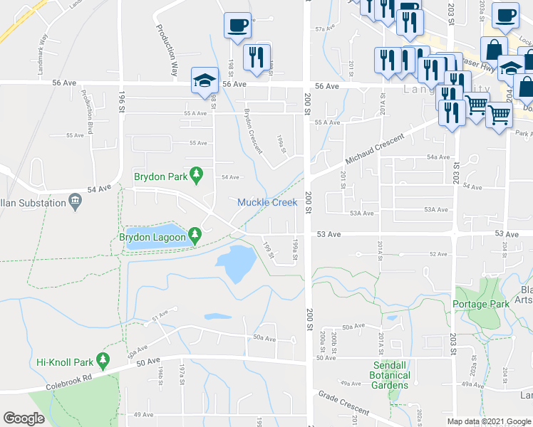 map of restaurants, bars, coffee shops, grocery stores, and more near 5337 199 Street in Langley City