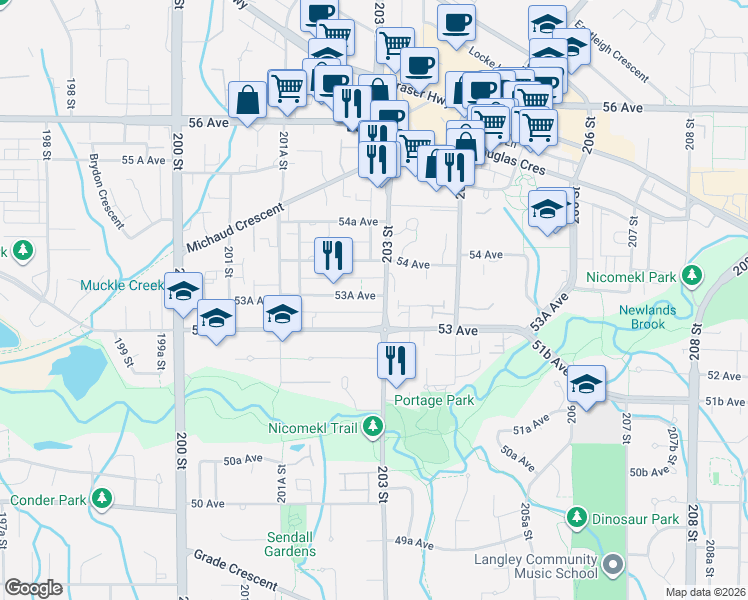 map of restaurants, bars, coffee shops, grocery stores, and more near 20286 53A Avenue in Langley