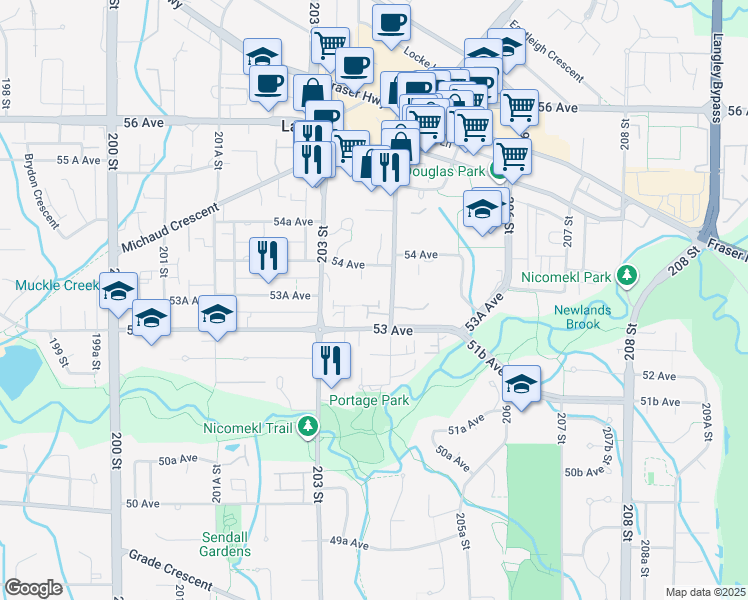 map of restaurants, bars, coffee shops, grocery stores, and more near 5305 204 Street in Langley