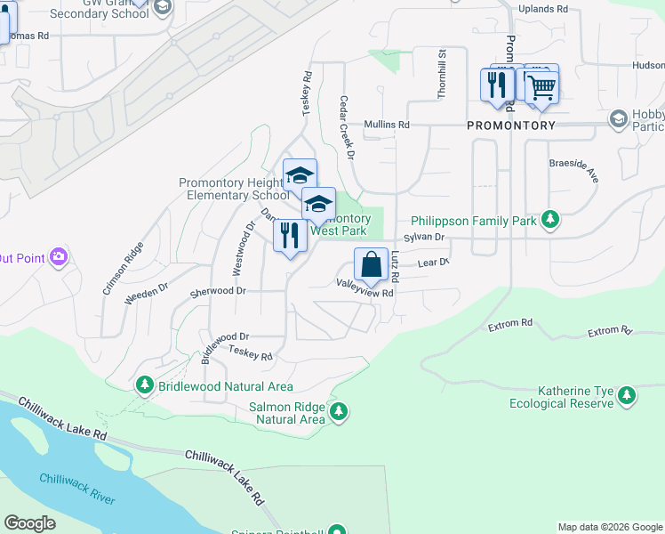 map of restaurants, bars, coffee shops, grocery stores, and more near 46318 Valleyview Road in Chilliwack