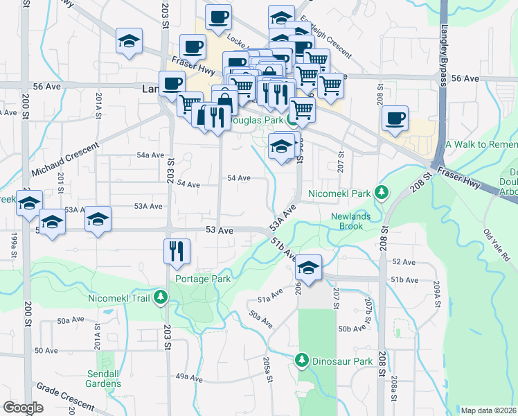 map of restaurants, bars, coffee shops, grocery stores, and more near 5375 205 Street in Langley