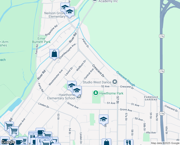 map of restaurants, bars, coffee shops, grocery stores, and more near 5288 Central Avenue in Delta