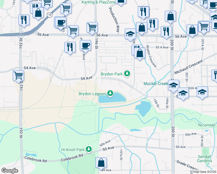 map of restaurants, bars, coffee shops, grocery stores, and more near 5257 197 Street in Langley