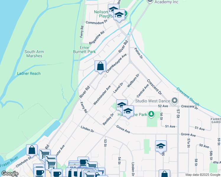 map of restaurants, bars, coffee shops, grocery stores, and more near 5300 Westminster Avenue in Delta