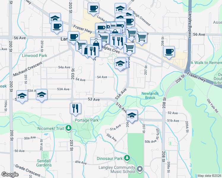 map of restaurants, bars, coffee shops, grocery stores, and more near 5375 205 Street in Langley