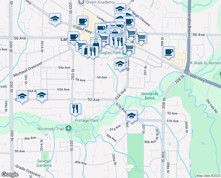 map of restaurants, bars, coffee shops, grocery stores, and more near 5375 205 Street in Langley