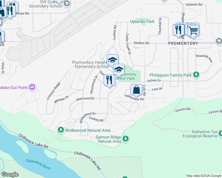 map of restaurants, bars, coffee shops, grocery stores, and more near 46193 Daniel Drive in Chilliwack