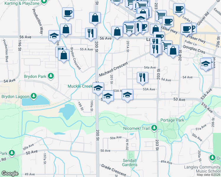 map of restaurants, bars, coffee shops, grocery stores, and more near 5363 201 Street in Langley