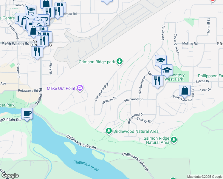 map of restaurants, bars, coffee shops, grocery stores, and more near Abbey Crescent in Chilliwack