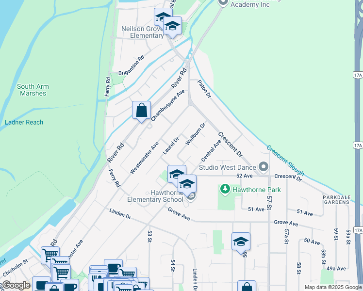 map of restaurants, bars, coffee shops, grocery stores, and more near 5305 Wellburn Drive in Delta