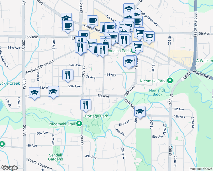 map of restaurants, bars, coffee shops, grocery stores, and more near 5360 204 Street in Langley