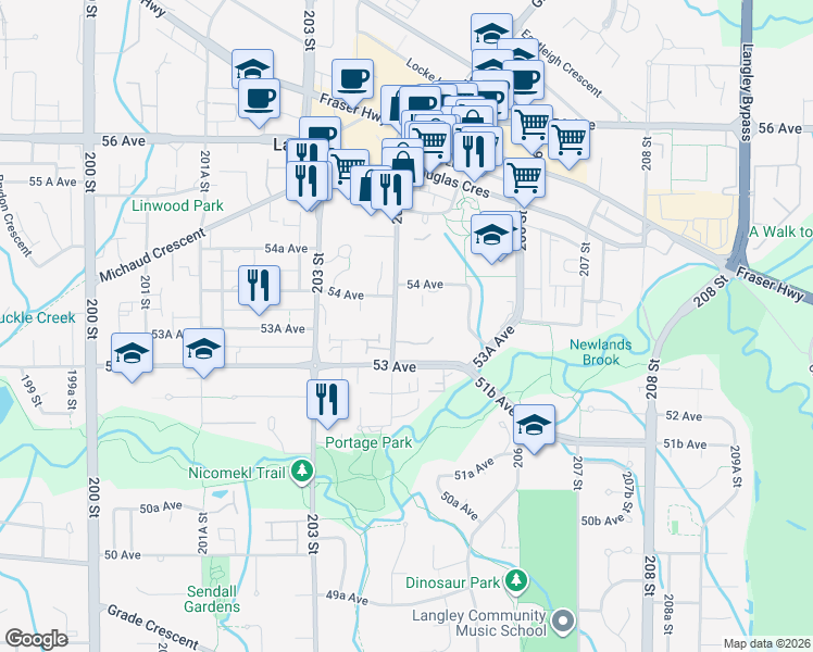 map of restaurants, bars, coffee shops, grocery stores, and more near in Langley