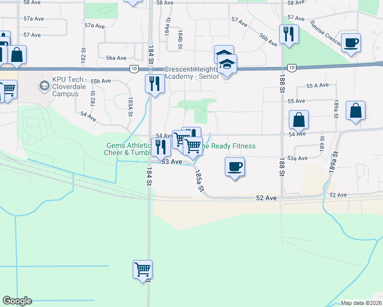 map of restaurants, bars, coffee shops, grocery stores, and more near 18515 53 Avenue in Surrey