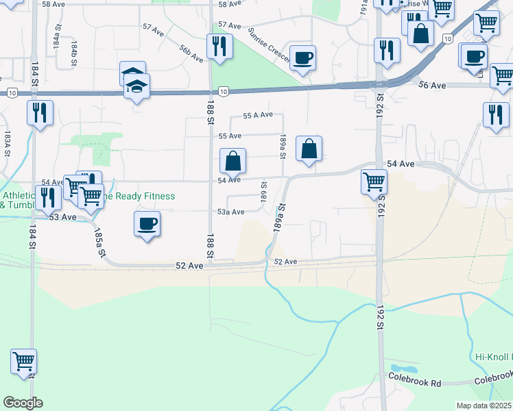 map of restaurants, bars, coffee shops, grocery stores, and more near 18891 53A Avenue in Surrey