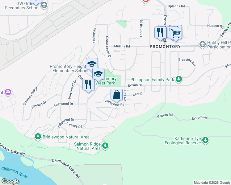map of restaurants, bars, coffee shops, grocery stores, and more near 46282 Valleyview Road in Chilliwack