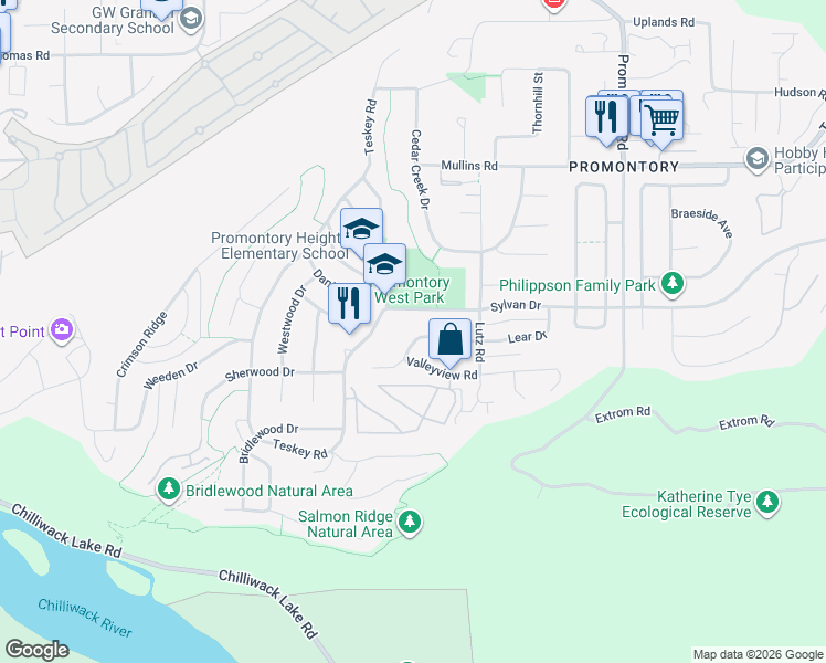 map of restaurants, bars, coffee shops, grocery stores, and more near 46318 Valleyview Road in Chilliwack