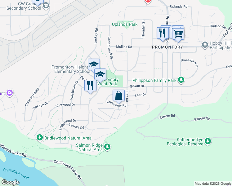 map of restaurants, bars, coffee shops, grocery stores, and more near 46297 Valleyview Road in Chilliwack