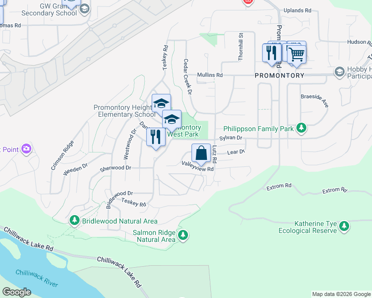 map of restaurants, bars, coffee shops, grocery stores, and more near 46306 Valleyview Road in Chilliwack