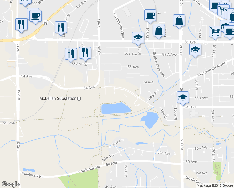 map of restaurants, bars, coffee shops, grocery stores, and more near 5268 197 Street in Langley