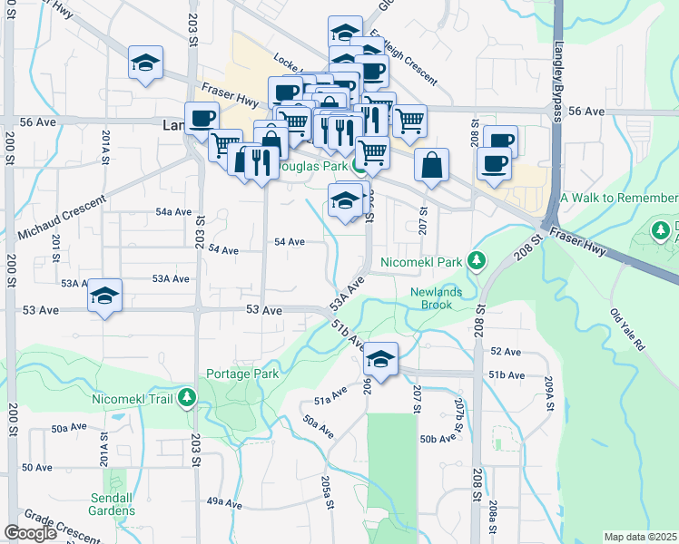 map of restaurants, bars, coffee shops, grocery stores, and more near 5360 205 Street in Langley