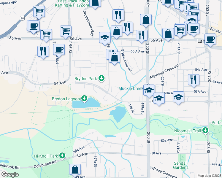 map of restaurants, bars, coffee shops, grocery stores, and more near 5378 198 Street in Langley