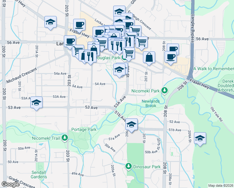 map of restaurants, bars, coffee shops, grocery stores, and more near 5360 205 Street in Langley