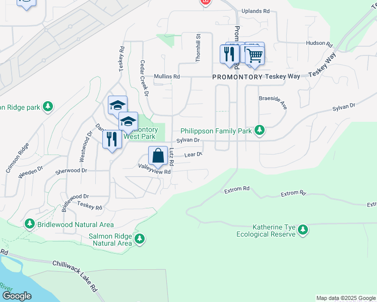 map of restaurants, bars, coffee shops, grocery stores, and more near 46445 Lear Drive in Chilliwack