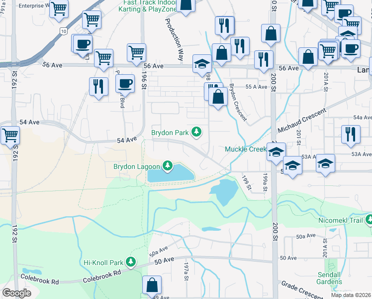 map of restaurants, bars, coffee shops, grocery stores, and more near 5240 197A Street in Langley