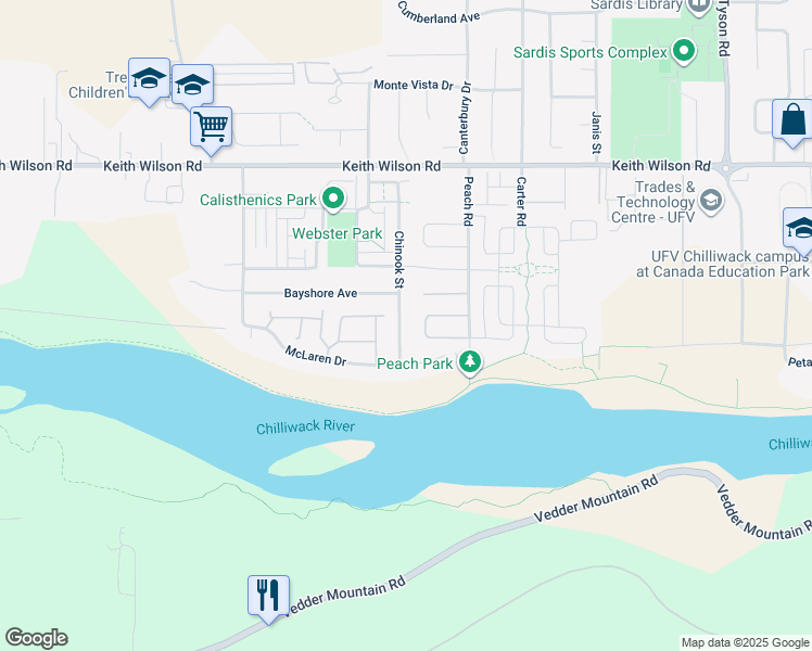 map of restaurants, bars, coffee shops, grocery stores, and more near 5386 Chinook Street in Chilliwack