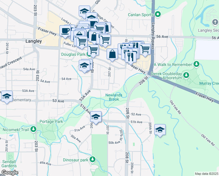 map of restaurants, bars, coffee shops, grocery stores, and more near 5300 207 Street in Langley