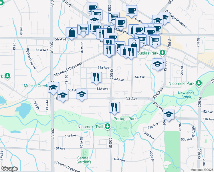 map of restaurants, bars, coffee shops, grocery stores, and more near 20281 53A Avenue in Langley