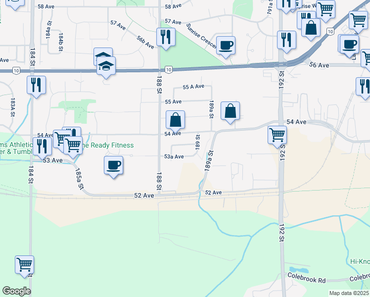 map of restaurants, bars, coffee shops, grocery stores, and more near 18876 53B Avenue in Surrey