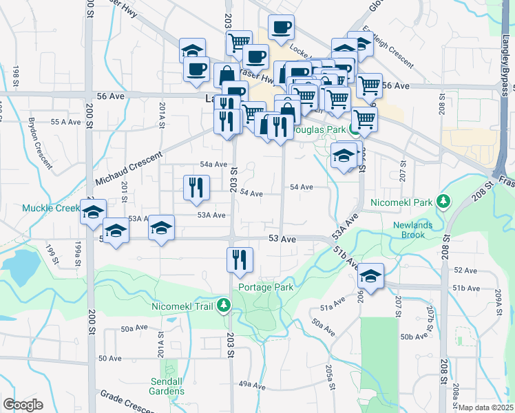 map of restaurants, bars, coffee shops, grocery stores, and more near 20350 54 Avenue in Langley