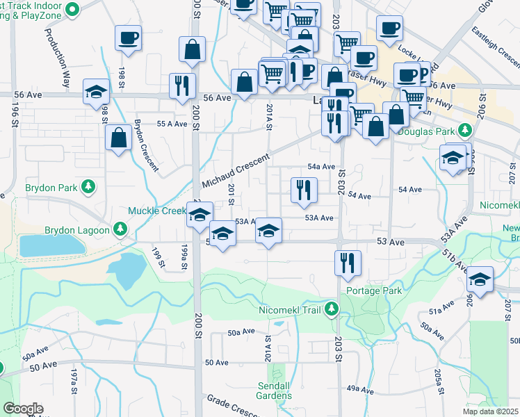 map of restaurants, bars, coffee shops, grocery stores, and more near 5355 201A Street in Langley