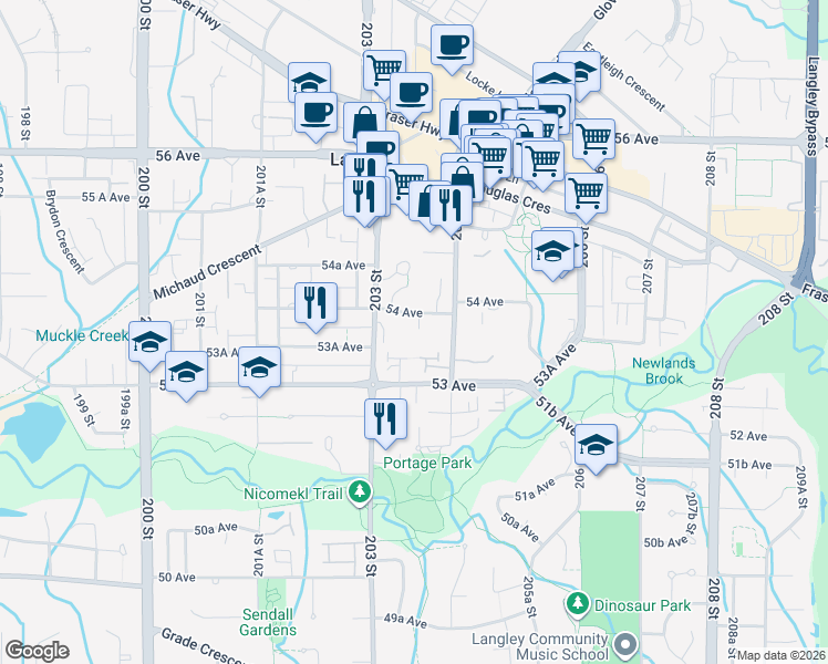 map of restaurants, bars, coffee shops, grocery stores, and more near 20350 54 Avenue in Langley City
