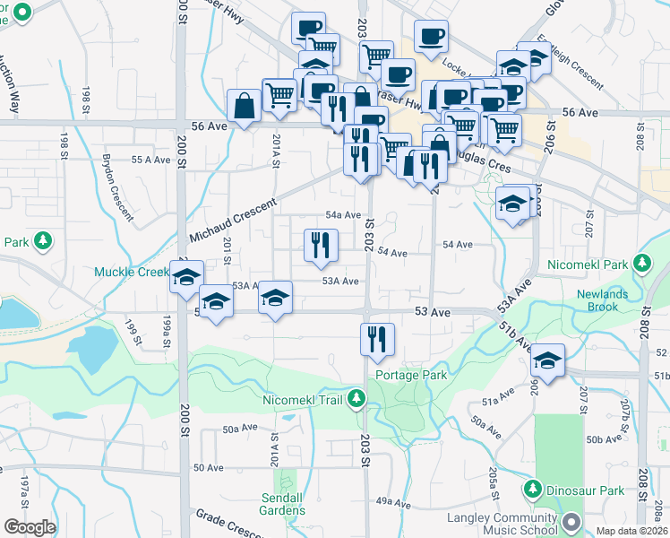 map of restaurants, bars, coffee shops, grocery stores, and more near 20257 53A Avenue in Langley