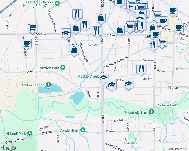 map of restaurants, bars, coffee shops, grocery stores, and more near 5351 200 Street in Langley
