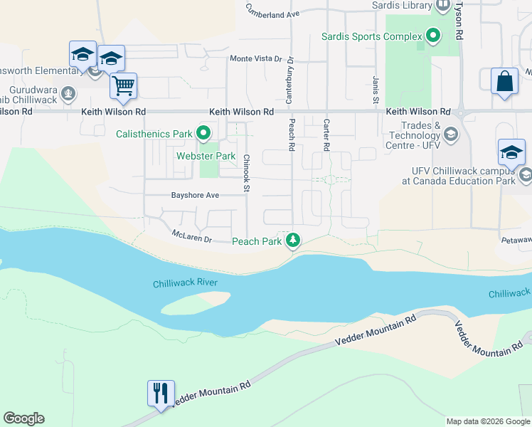 map of restaurants, bars, coffee shops, grocery stores, and more near 5373 Peach Road in Chilliwack