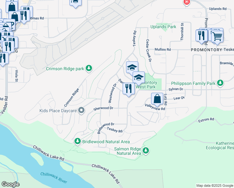 map of restaurants, bars, coffee shops, grocery stores, and more near 5373 Rockwood Drive in Chilliwack