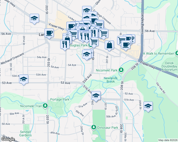 map of restaurants, bars, coffee shops, grocery stores, and more near in Langley