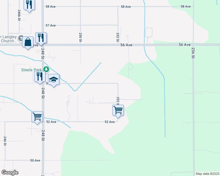 map of restaurants, bars, coffee shops, grocery stores, and more near 25160 54 Avenue in Langley Township