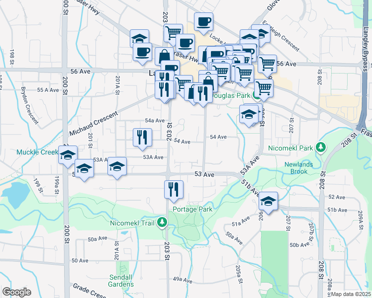 map of restaurants, bars, coffee shops, grocery stores, and more near in Langley