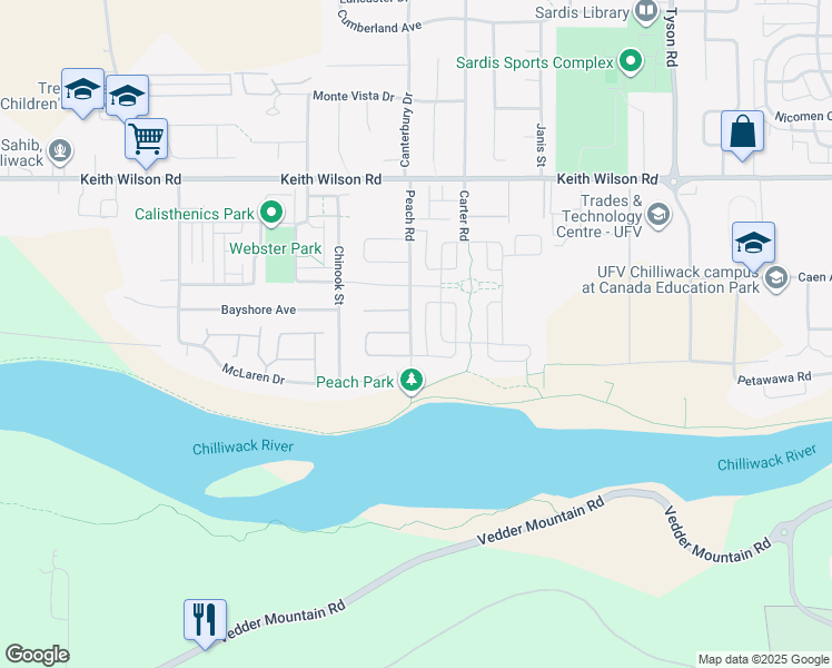 map of restaurants, bars, coffee shops, grocery stores, and more near 5408 Peach Road in Chilliwack