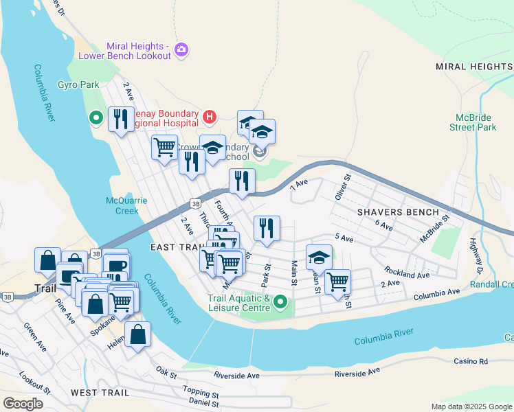 map of restaurants, bars, coffee shops, grocery stores, and more near 1737 Circle Street in Trail