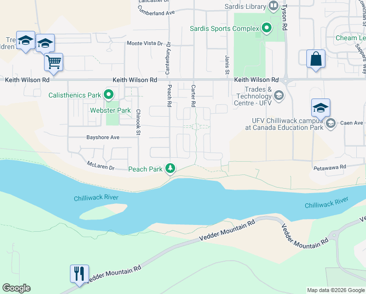 map of restaurants, bars, coffee shops, grocery stores, and more near 44682 Anglers Boulevard in Chilliwack