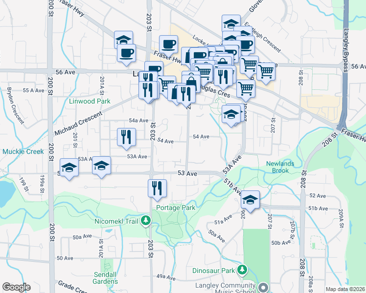 map of restaurants, bars, coffee shops, grocery stores, and more near 5375 204 Street in Langley
