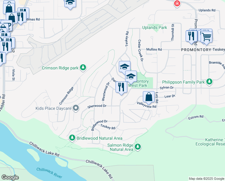 map of restaurants, bars, coffee shops, grocery stores, and more near 5389 Rockwood Drive in Chilliwack