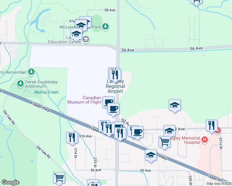 map of restaurants, bars, coffee shops, grocery stores, and more near 5316 216 Street in Langley